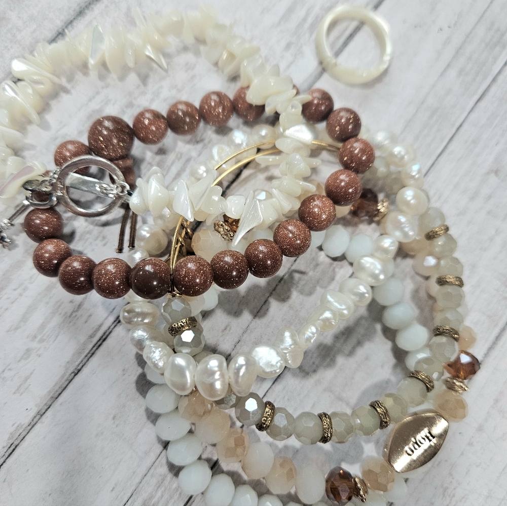 Bracelet & Ring Lot Pearl, Shell, Sunstone ALEX & ANI Stacking White & Warm Tone